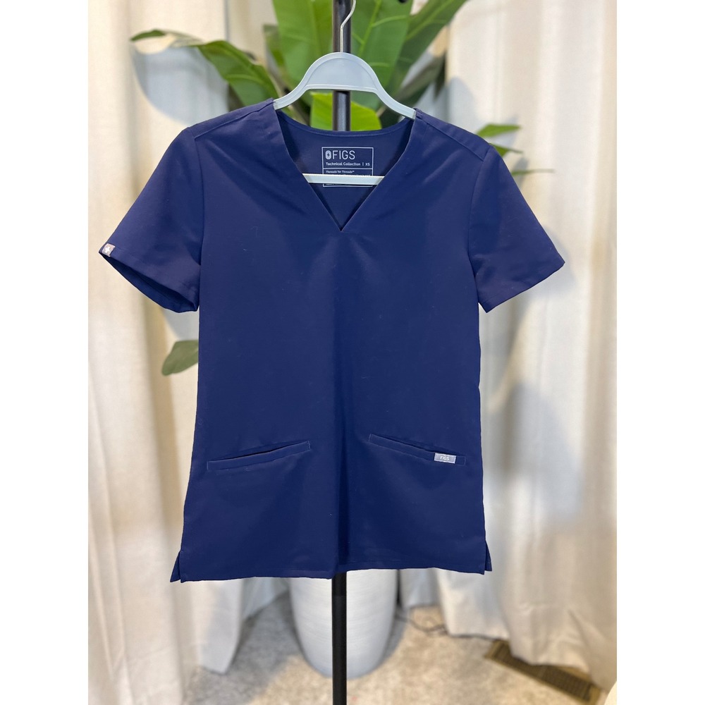 FIGS Technical Collection Navy Blue V-Neck Scrub Top Women XS Short Sleeve